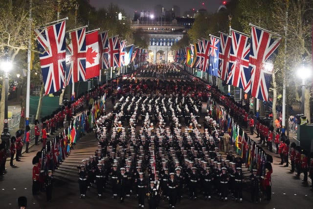 A night time rehearsal in central London for the coronation of King Charles III, which will take place this weekend. Picture date: Wednesday May 3, 2023.