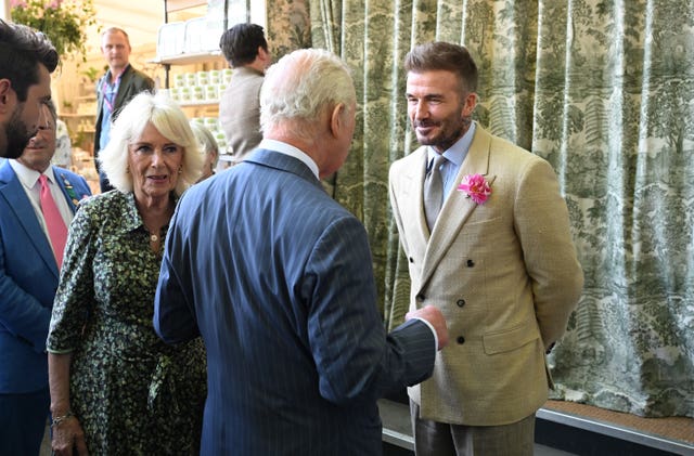 King Charles and Queen Camilla meet David Beckham at the Chelsea Flower Show 