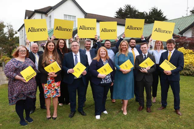 Alliance leader Naomi Long, centre, with the party’s Westminster candidates during the party’s General Election manifesto launch at a hotel in Belfast