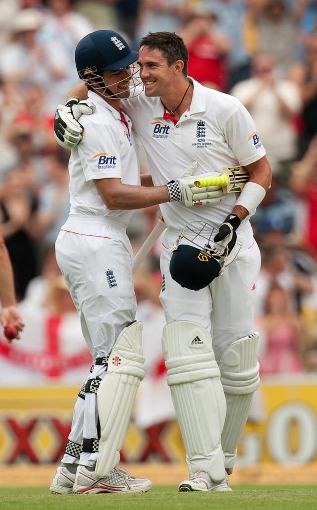 Kevin Pietersen, right celebrates his century with Alastair Cook in Adelaide