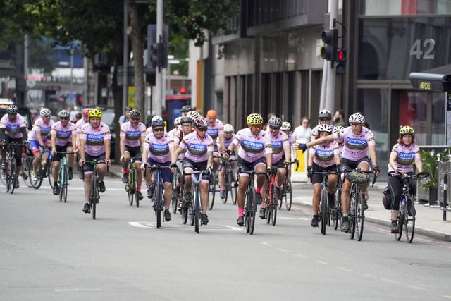 The Jo Cox Way cyclists, a group of 70 mixed ability cyclists, arrive at Flat Iron Square, in Southwark, London, following their five-day journey from West Yorkshire 