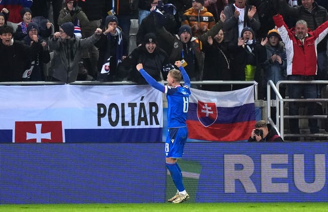 Slovakia’s Tomas Bobcek celebrates scoring