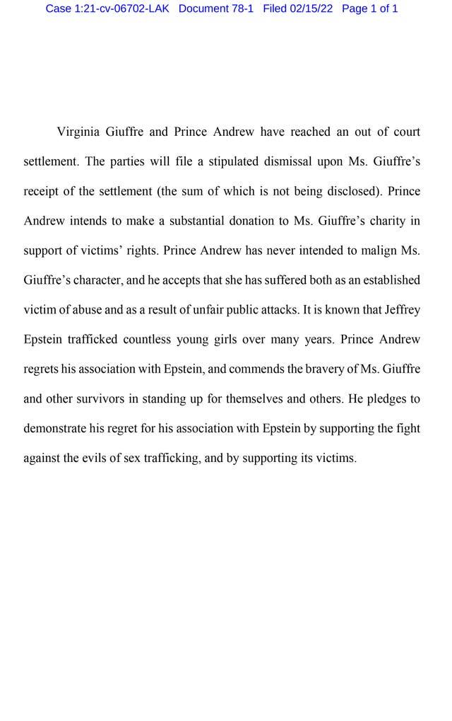 Court documents were published in February showing a settlement has been reached between Andrew and his accuser (BSF/PA)