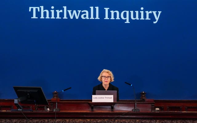 Chairwoman of the Thirlwall Inquiry Lady Justice Thirlwall sitting at Liverpool Town Hall