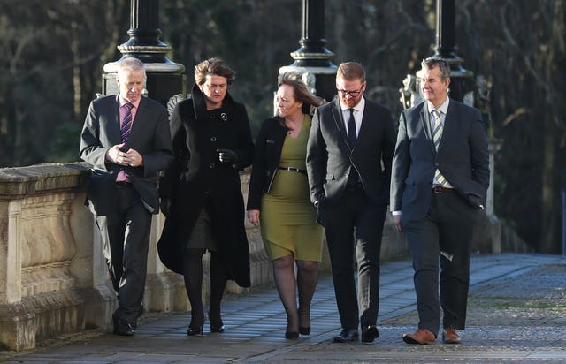 From left to right, the DUP’s Gregory Campbell, Arlene Foster, Michelle McIlveen, Simon Hamilton and Edwin Poots arrive at Stormont Parliament Buildings in Belfast for the resumption of talks to save the Northern Ireland executive (Niall Carson/PA)