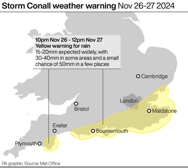 Map of England and Wales showing area under weather warning