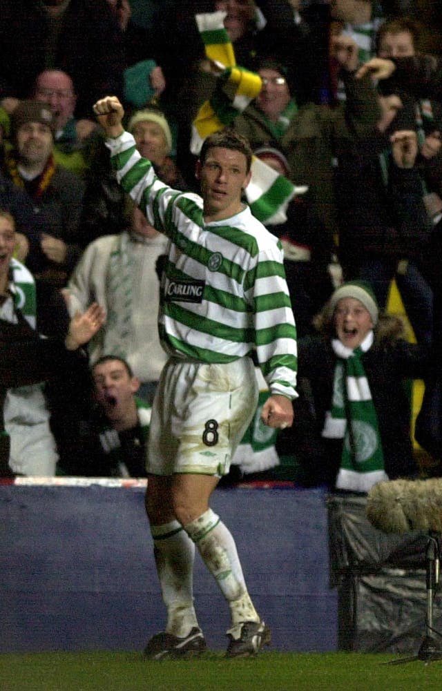 Celtic’s Alan Thompson celebrates scoring against Barcelona in the UEFA Cup