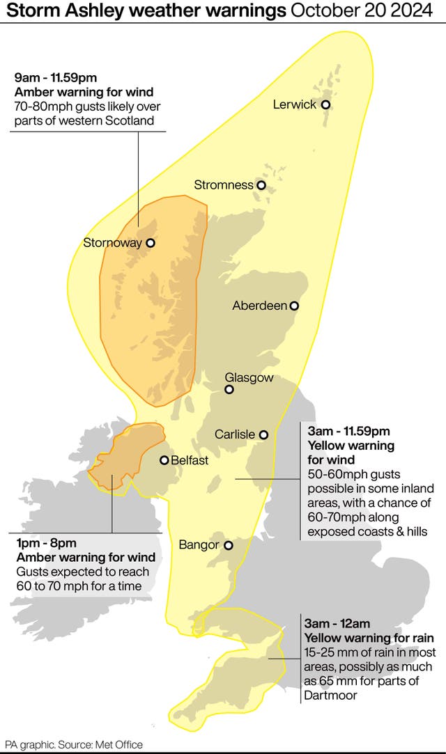 Map highlighting the parts of the UK covered by the yellow and orange weather warnings