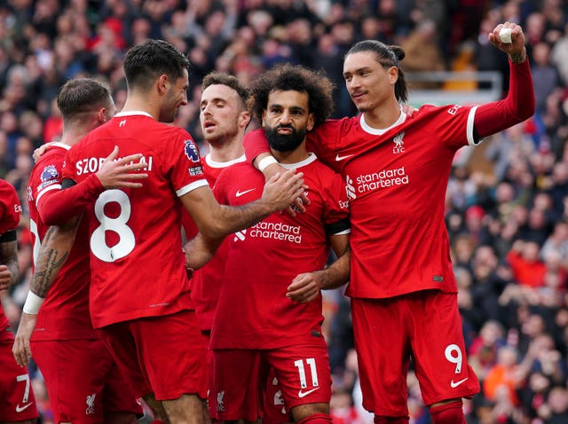 Liverpool’s Mohamed Salah celebrates scoring from the spot