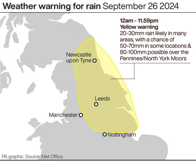 Map showing area highlighted in yellow which is subject to weather warning for rain