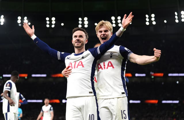 James Maddison, left, and Lucas Bergvall, right, celebrate Tottenham's second goal