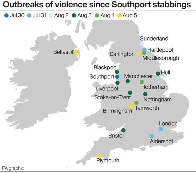 Colour-coded map showing areas where violent unrest has occurred and on what dates