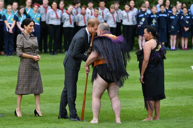 The Duke of Sussex receives a hongi during a welcome ceremony