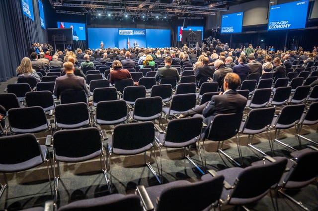 Empty seats in the auditorium as shadow chancellor Sir Mel Stride makes a speech during the Conservative Party Conference