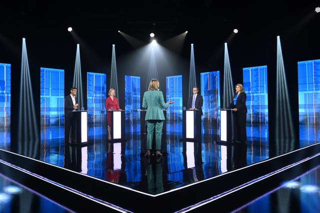 Candidates and present Julie Etchingham on stage in the ITV televised debate gonservative leadership bidCandi