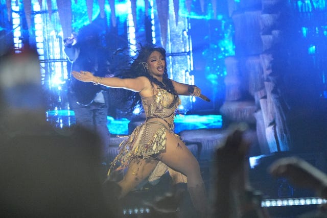 SZA performing on the Pyramid Stage at the Glastonbury Festival at Worthy Farm in Somerset in 2024