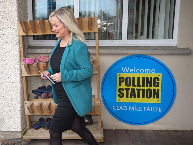 Sinn Fein Vice President Michelle O’Neill smiles as she leaves a polling station