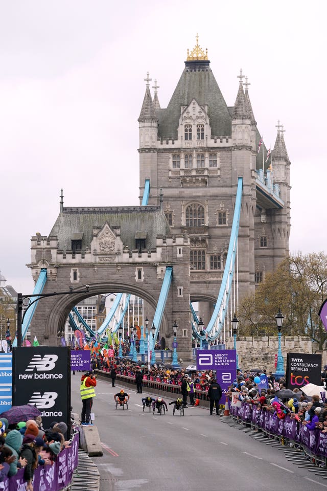 Wheelchair athletes cross Tower Bridge