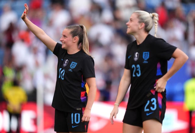 Ella Toone and Alessia Russo celebrate after England's win over Jamaica