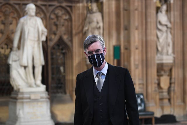House of Commons Leader Jacob Rees-Mogg wears a mask in Central Lobby 