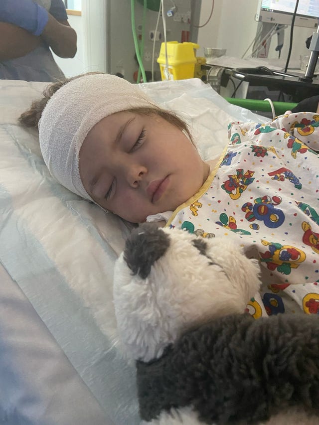 Bella in hospital asleep next to a cuddly toy and with a bandage around her head