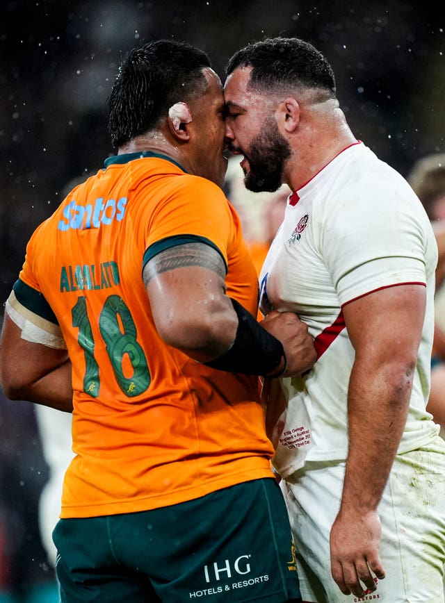 Ellis Genge (left) squares up to Australia’s Allan Alaalatoa last Saturday