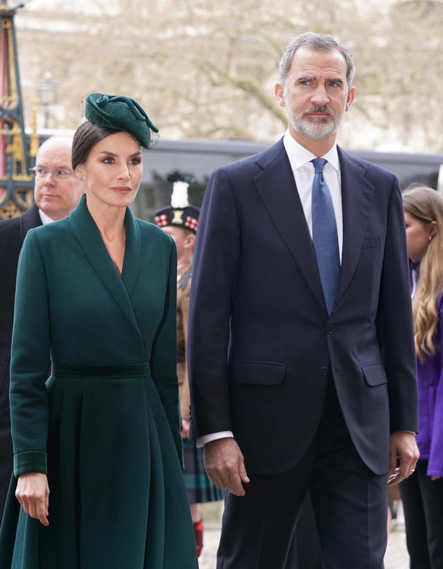 Queen Letizia of Spain and King Felipe VI of Spain arriving for a Service of Thanksgiving for the life of the Duke of Edinburgh, at Westminster Abbey in London, on Tuesday March 29 2022