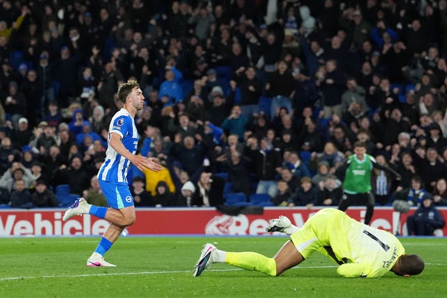 Brighton’s Jack Hinshelwood, left, celebrates his goal against Chelsea