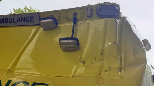 Traffic cone damage to ambulance