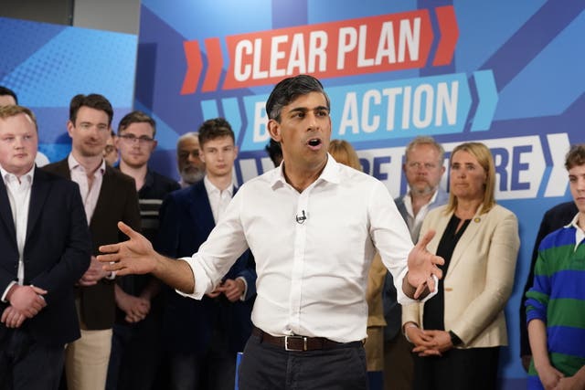 Prime Minister Rishi Sunak delivers a 'stump speech' in front of some campaigners