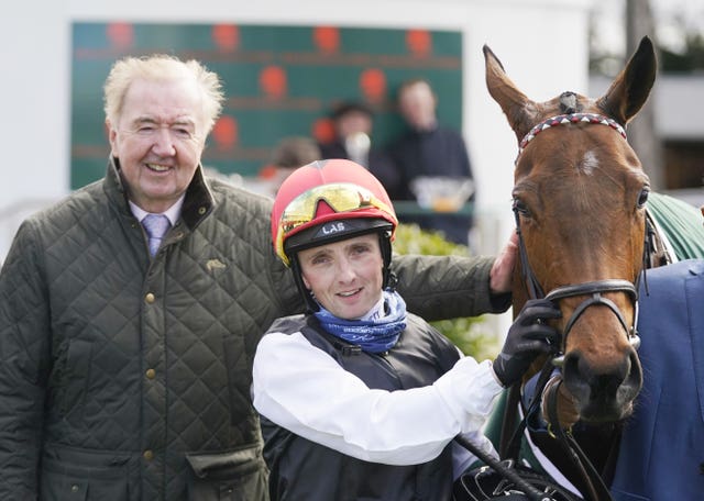 Dermot Weld (left) and Chris Hayes with Homeless Songs after winning the 1,000 Guineas Trial