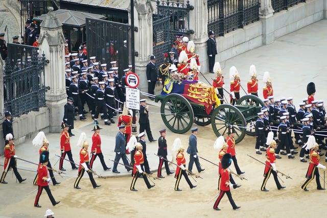 The State Gun Carriage left Westminster Hall carrying the Queen's coffin, which had been lying-in-state (Stefan Rousseau/PA)