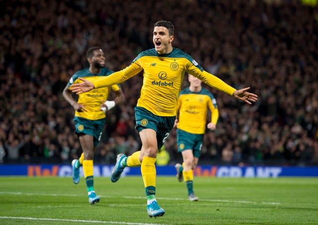 Elyounoussi celebrates a goal in the Betfred Cup semi-final against Hibernian