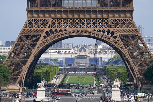 View of a stadium created in the shadow of the Eiffel Tower