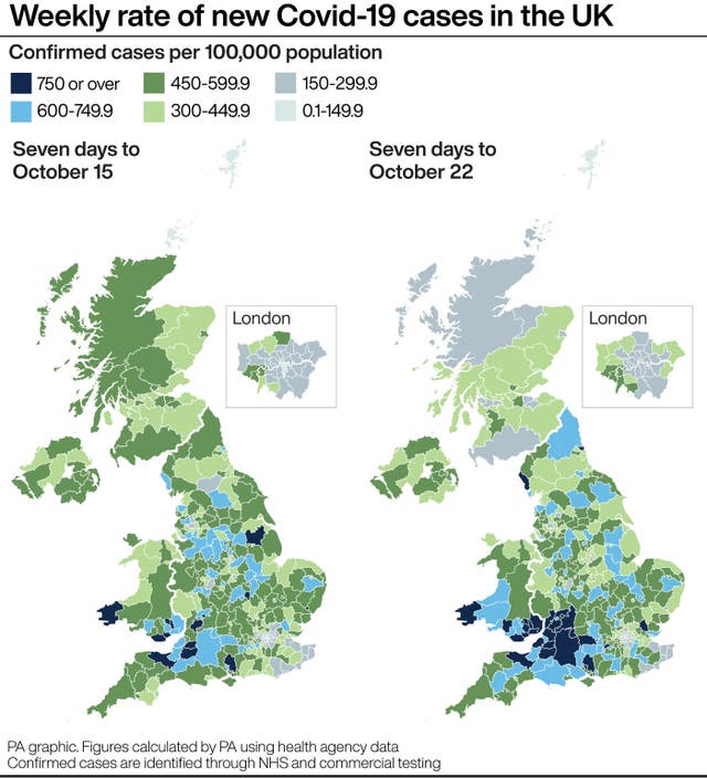 Weekly rate of new Covid-19 cases in the UK