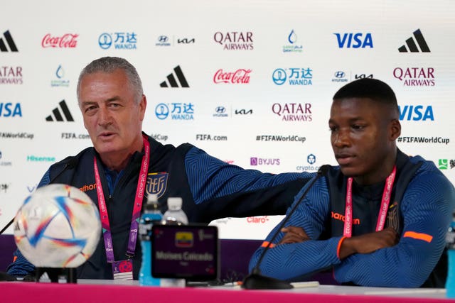 Ecuador manager Gustavo Alfaro (left) and midfielder Moises Caicedo (right) during a press conference