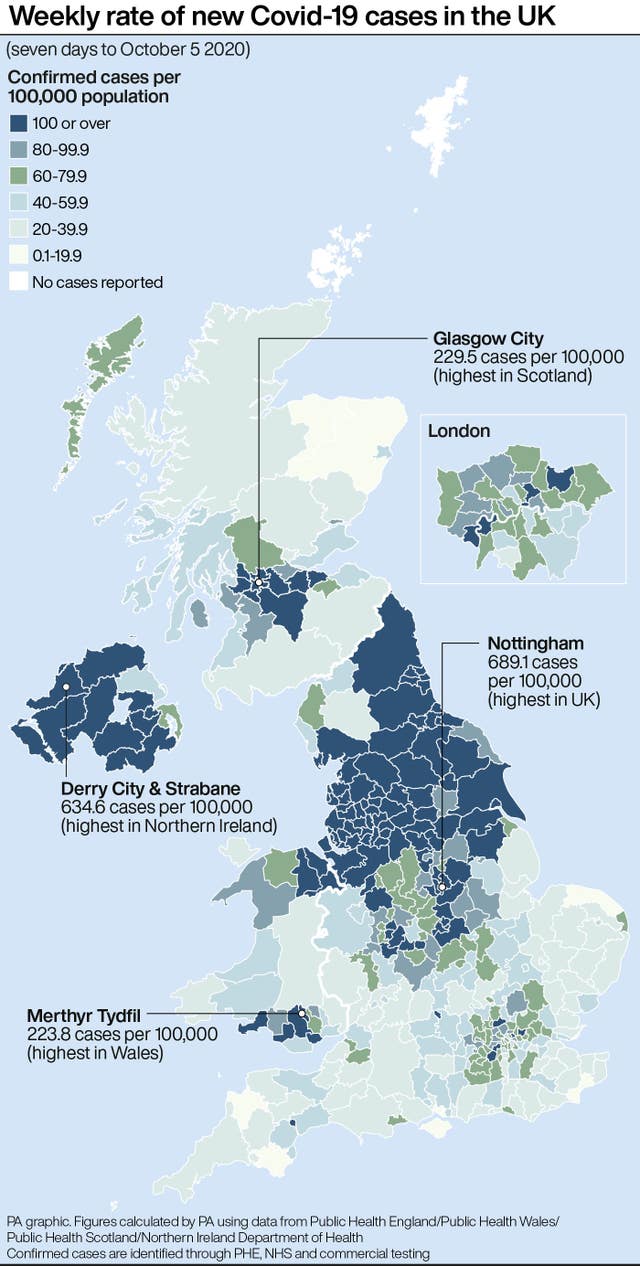 Weekly rate of new Covid-19 cases in the UK