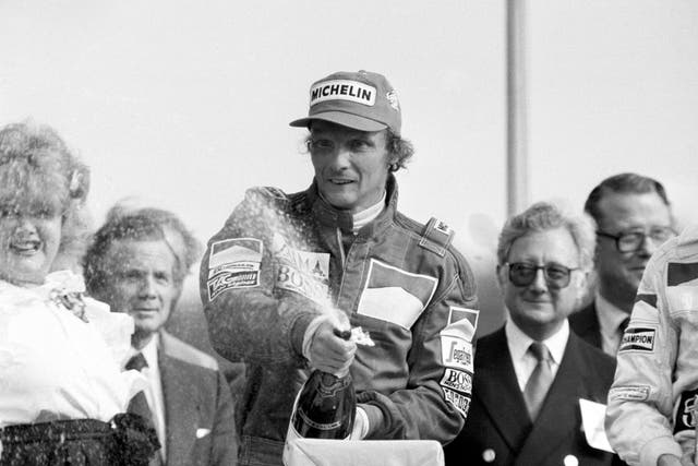 Lauda triumphs in the 1984 British Grand Prix at Brands Hatch after winning in his Marlboro McLaren 