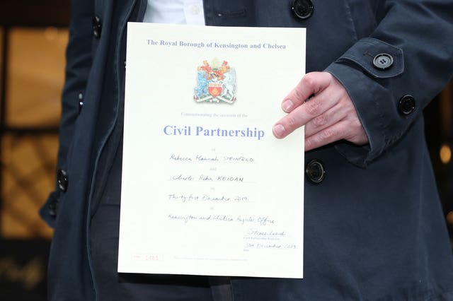 Mr Keidan holds his civil partnership certificate (Yui Mok/PA)