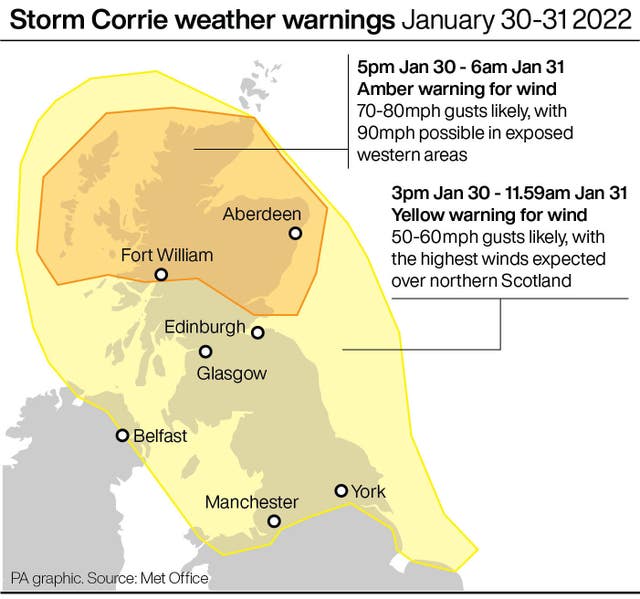 Storm Corrie weather warnings January 30-31 2022