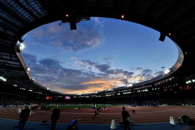 A general view of the sun setting as athletes take part in the Men’s Decathlon 400m at Hampden Park, during the 2014 Commonwealth Games in Glasgow.