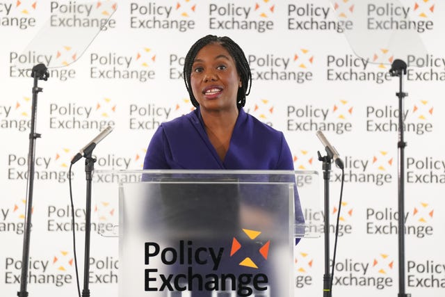 Conservative Party leader Kemi Badenoch delivers a speech at Policy Exchange in Westminster, London