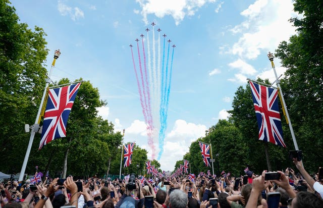 The Red Arrows perform a fly past along the Mall on the first day of the Platinum Jubilee celebrations