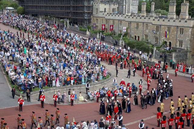 Guests outside St George&rsquo;s Chapel seen from above