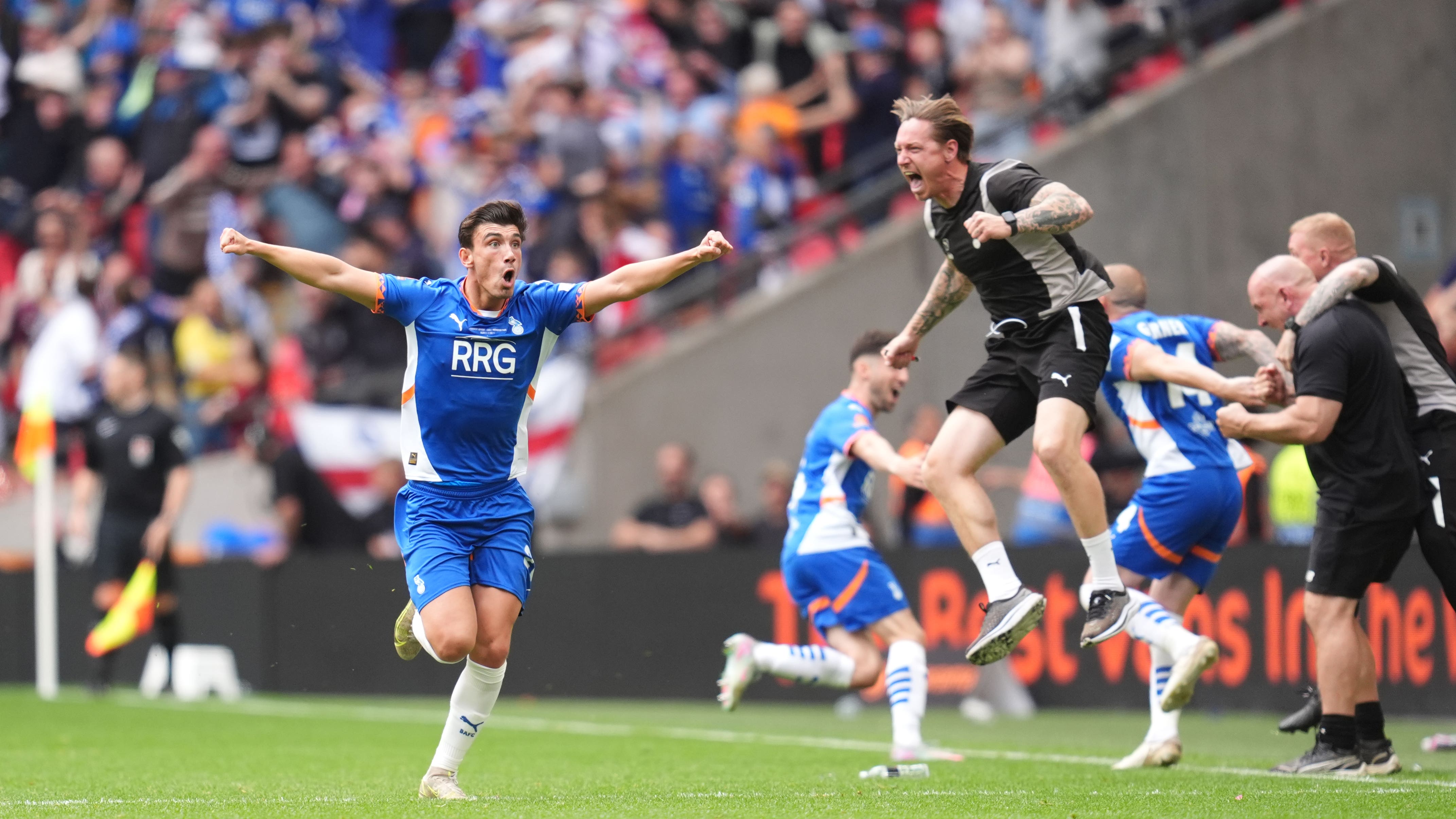 Kian Harratt celebrates the winner in their National League play-off final victory over Southend (Adam Davy/PA)
