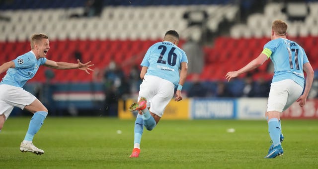 Riyad Mahrez (centre) scored the winner as City came from behind in Paris