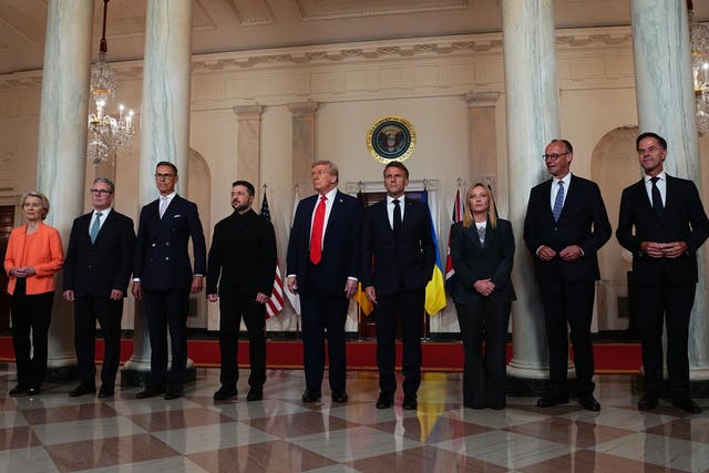 (left to right) President Ursula von der Leyen of the European Commission; Prime Minister Keir Starmer of the United Kingdom; President Alexander Stubb of Finland; President Volodymyr Zelenskyy of Ukraine; United States President Donald J Trump; President Emmanuel Macron of France; Prime Minister Giorgia Meloni of the Italian Republic; Chancellor Friedrich Merz of Germany and Mark Rutte, Secretary General of the North Atlantic Treaty Organization (NATO) pose for a ‘family photo’ in the Cross Hall of the White House in Washington, DC, US
