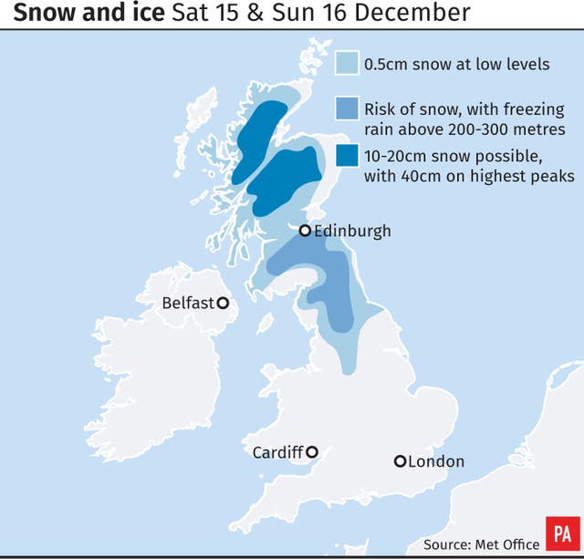 Snow and ice Sat 15 and Sun 16 December