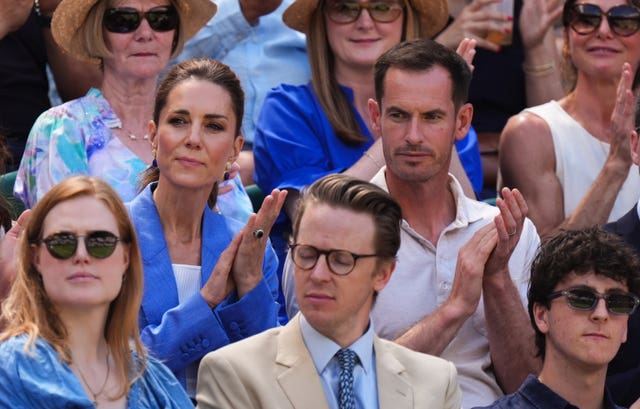 Princess of Wales sitting beside Sir Andy Murray in the stand at Wimbledon