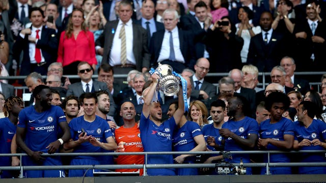 Chelsea’s Eden Hazard celebrates with the FA Cup 
